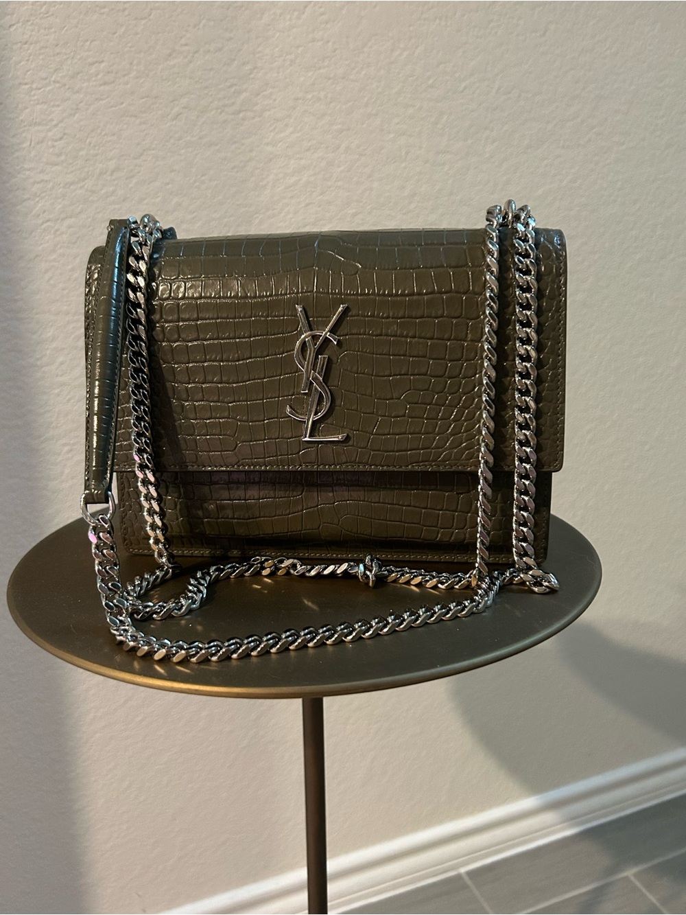 Saint Laurent Olive Green Croc-Embossed Shoulder Bag with Silver Chain
